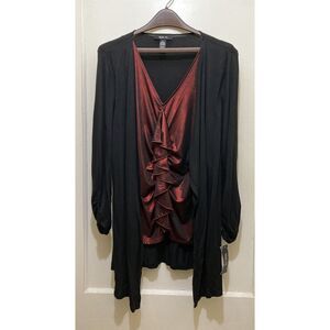 Style & CO Womens L Ruffle Inset Top Black Metallic Red V Neck Ruched Sleeve New